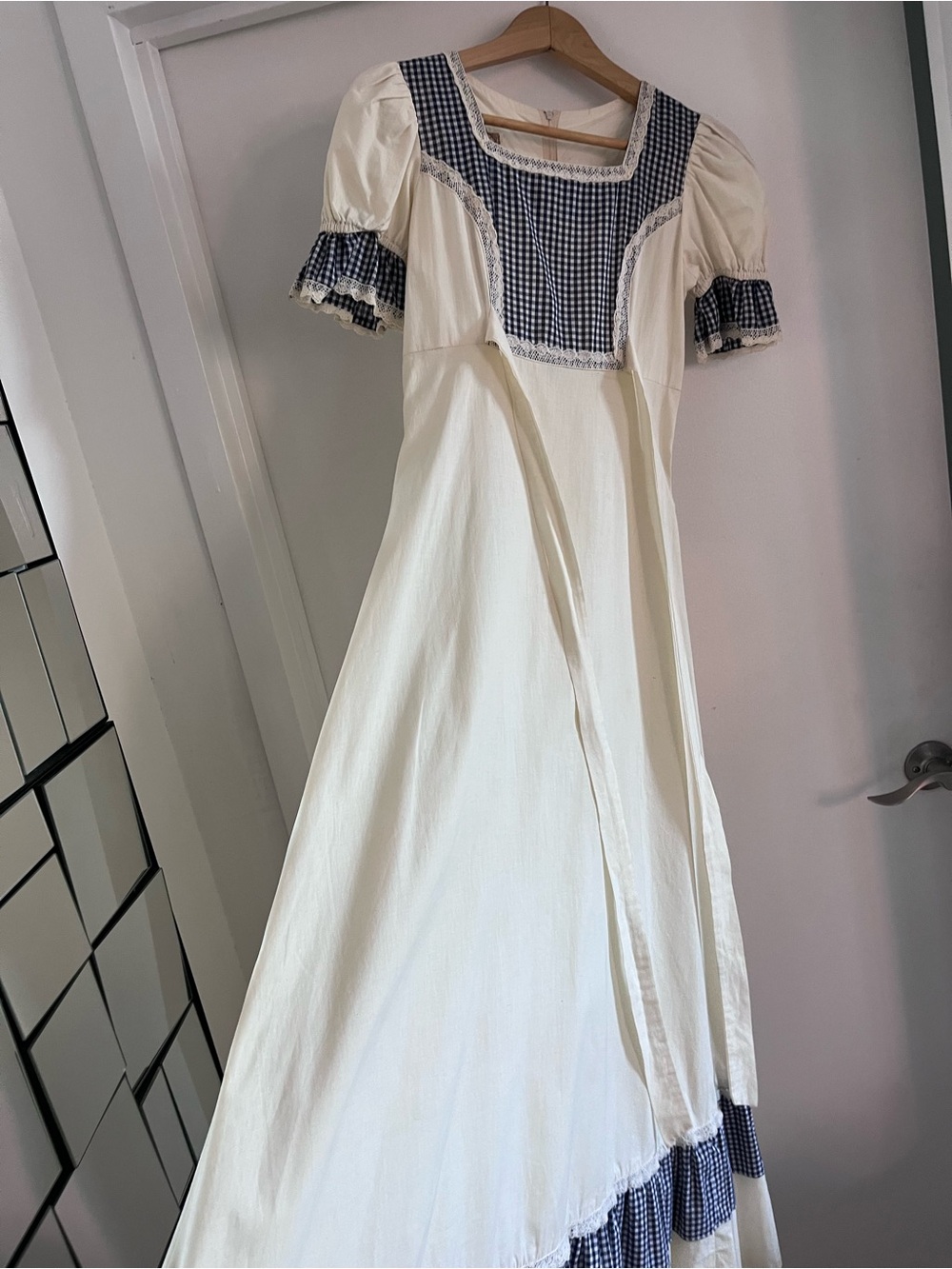 Gunne Sax by Jessica Vintage Cream Dress with Navy Gingham Yoke - Picture 7 of 7